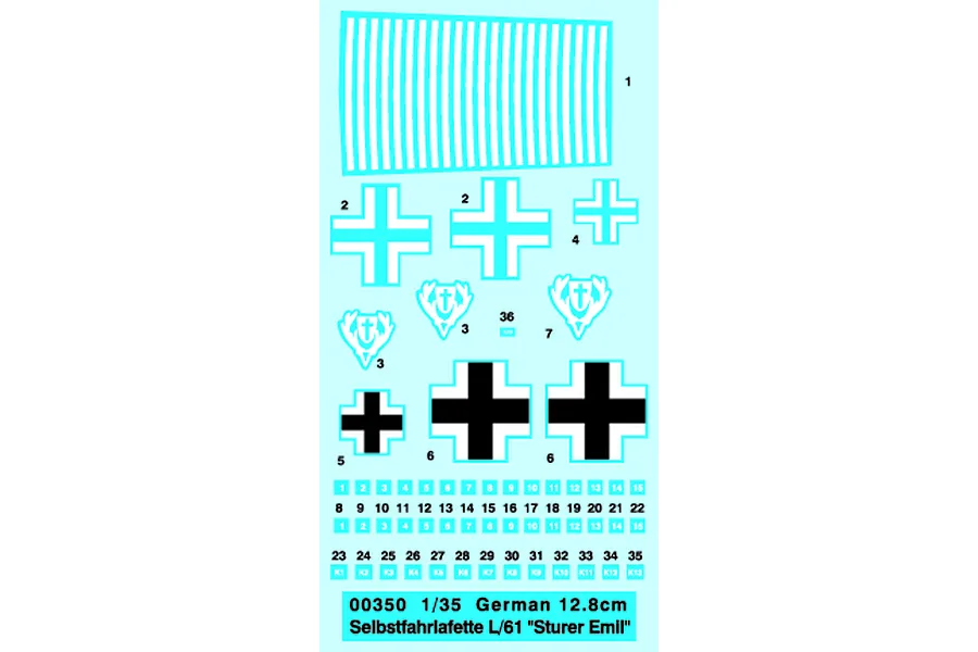 A decal sheet for a 1/35 scale Trumpeter German 12.8cm Selbstfahrlafette L/61 Sturer Emil model kit, featuring crosses, unit emblems, and numbering.