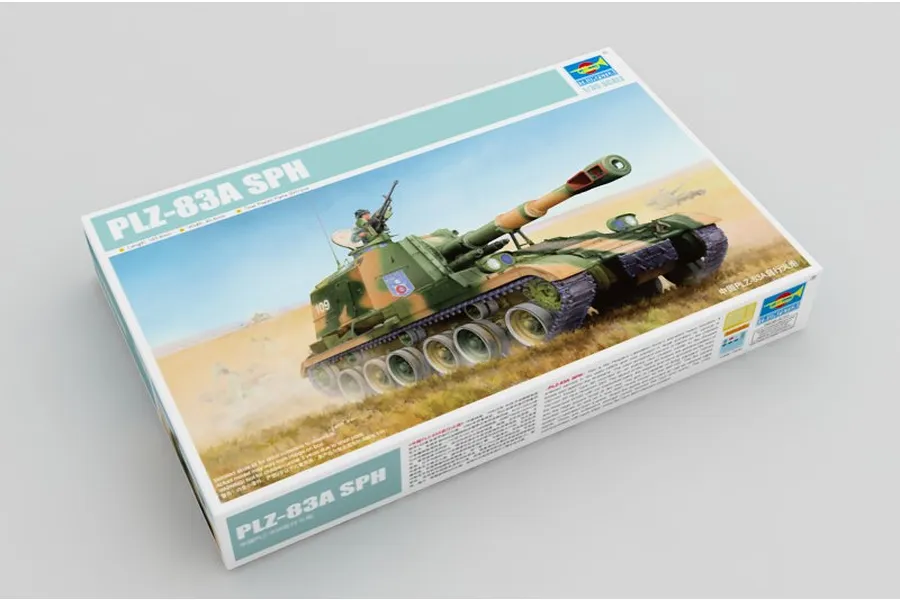 Trumpeter 1/35 scale PLZ-83A SPH self-propelled gun plastic model kit box, featuring box art of the tank in a field.