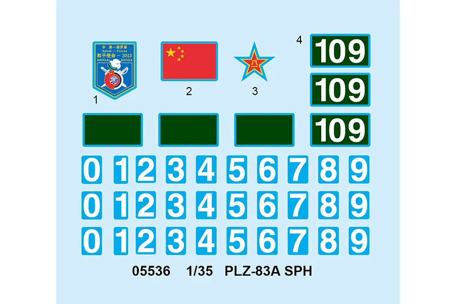 A decal sheet for the Trumpeter 1/35 PLZ-83A SPH model kit, featuring Chinese flags, military emblems, and sets of numbers for vehicle identification.