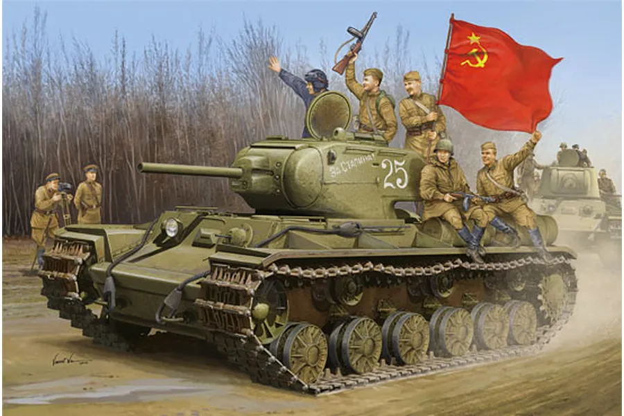 Box art illustration for a 1/35 scale Trumpeter Soviet KV-1S heavy tank model kit, showing the tank with soldiers and a red flag in a field.