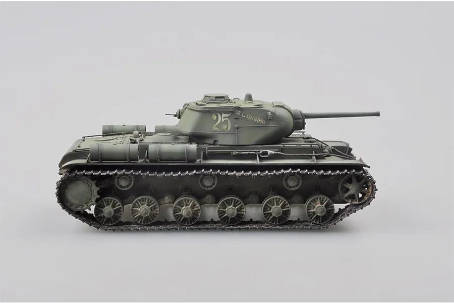 A side-profile view of a 1/35 scale Soviet KV-1S heavy tank plastic model, painted in olive green with the number 25 and Russian text on the turret.