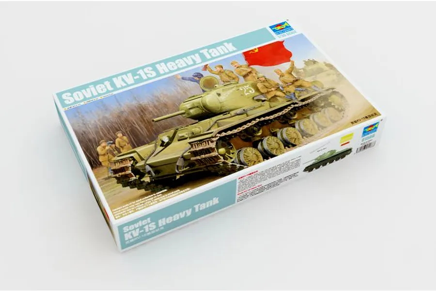 Trumpeter 1/35 scale Soviet KV-1S Heavy Tank plastic model kit box showing artwork of the tank with soldiers and a red flag.