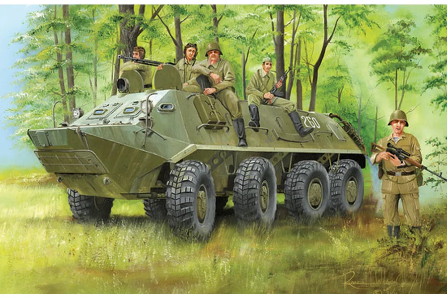 Box art illustration of a Russian BTR-60PA armoured personnel carrier with soldiers in a forest setting.