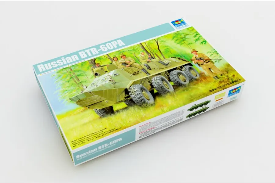 A Trumpeter 1/35 scale model kit box for a Russian BTR-60PA Armoured Personnel Carrier, featuring box art of the vehicle in a grassy field.