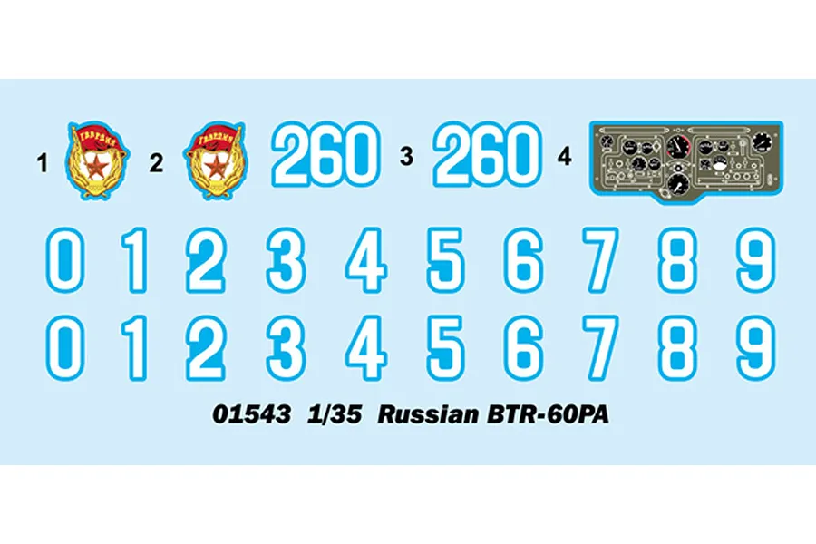 A decal sheet for a 1/35 scale Trumpeter Russian BTR-60PA model kit, featuring Soviet-style emblems, numbers, and a dashboard instrument panel.
