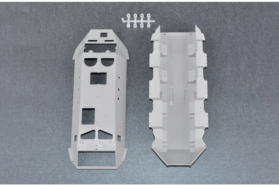 Top and bottom hull parts for a 1/35 scale BTR-60PA model kit, shown on a grey background.