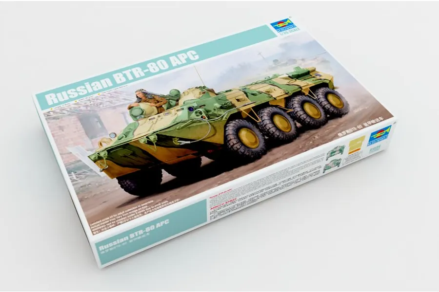 Trumpeter 1/35 scale Russian BTR-80 APC plastic model kit box, featuring box art of the vehicle in a field setting.