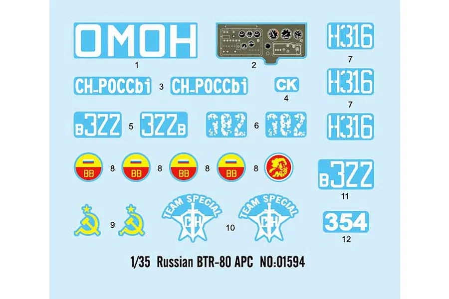 A decal sheet for a 1/35 scale Trumpeter BTR-80 model kit, featuring various Russian military markings, vehicle numbers, and a dashboard instrument panel.