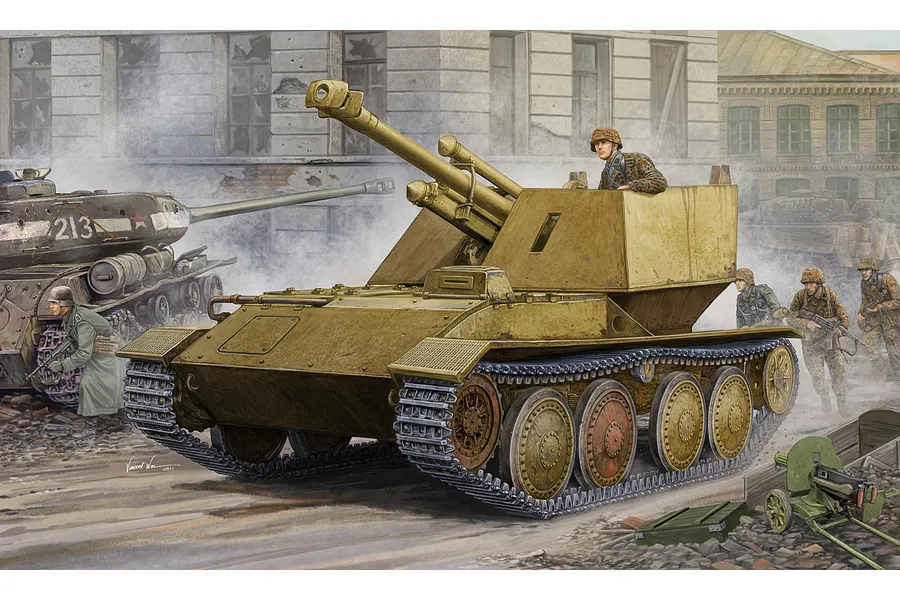Box art illustration of a Krupp/Ardelt Waffentrager 105mm self-propelled gun in a war-torn urban setting with soldiers and a tank in the background.
