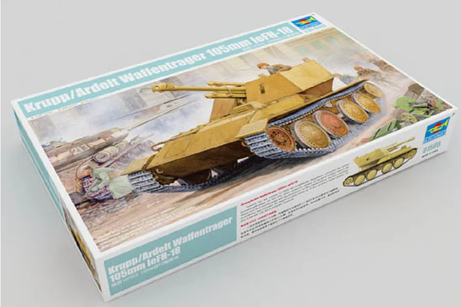 Product box for Trumpeter 1/35 scale Krupp/Ardelt Waffentrager 105mm leFH-18 plastic model kit, featuring box art of the tank in a battlefield scene.