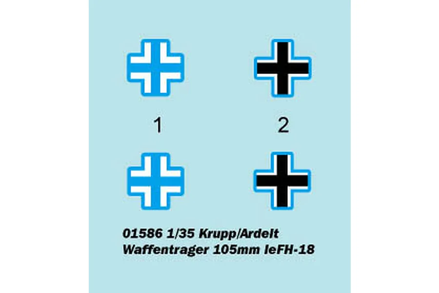 Decal sheet showing two styles of German military crosses labeled 1 and 2 for the Trumpeter 1/35 Krupp/Ardelt Waffentrager model kit.