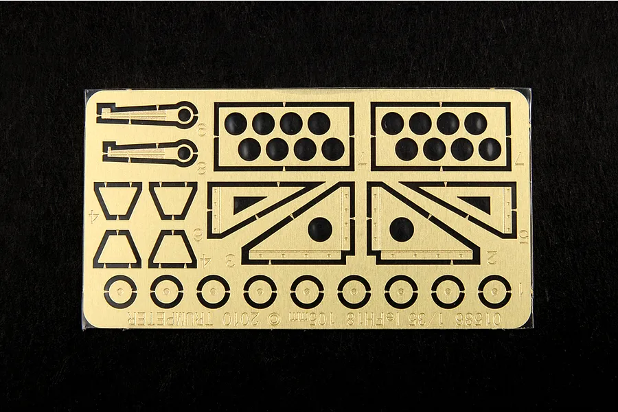A brass photo-etched metal detail sheet for a 1/35 scale Trumpeter Krupp/Ardelt Waffentrager model kit, featuring various small parts on a black background.
