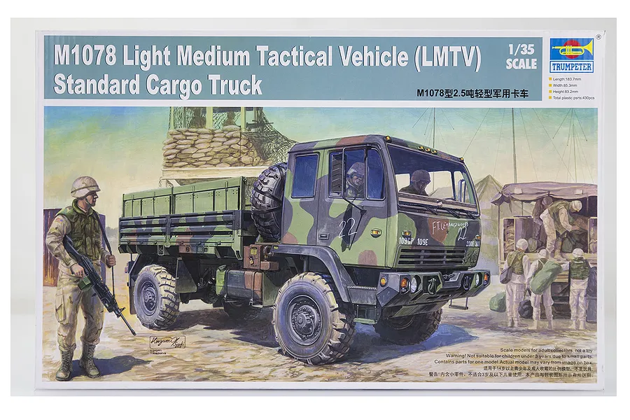 Trumpeter 1/35 scale M1078 Light Medium Tactical Vehicle model kit box art featuring a camouflage cargo truck and soldiers in a field setting.