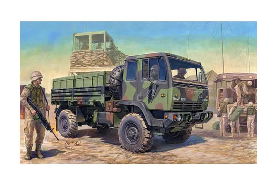 Box art illustration of a Trumpeter 1/35 scale M1078 military cargo truck with soldiers in a desert base setting.