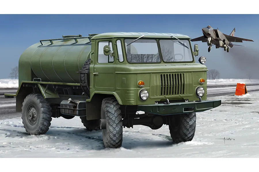 Box art illustration of a green Russian GAZ-66 oil tanker truck parked on a snowy airfield with a fighter jet flying in the background.