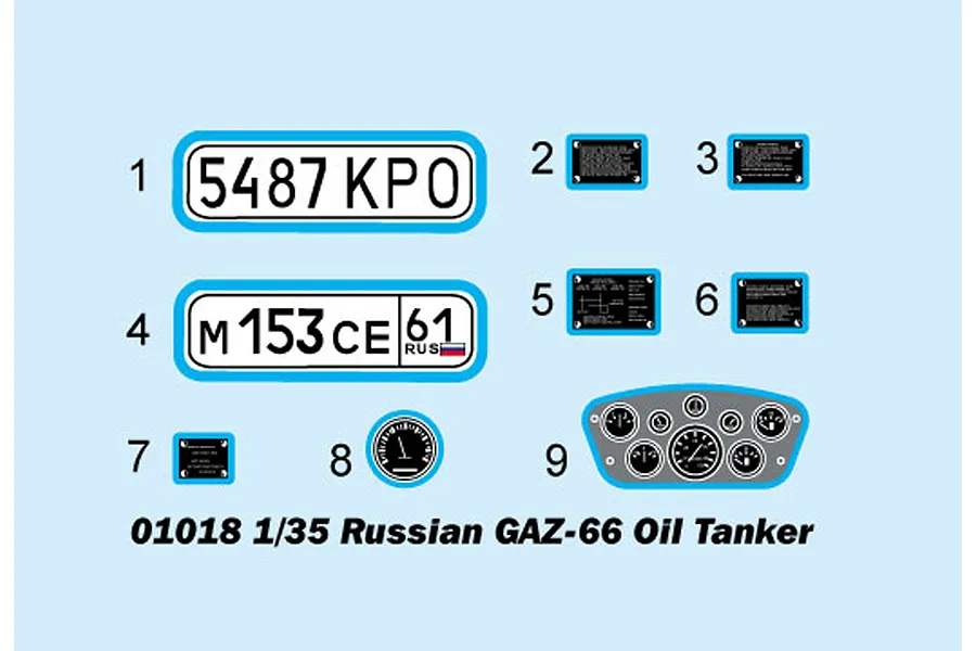 A digital sheet of waterslide decals for a 1/35 scale Trumpeter Russian GAZ-66 model kit, featuring license plates, dashboard gauges, and data plates.