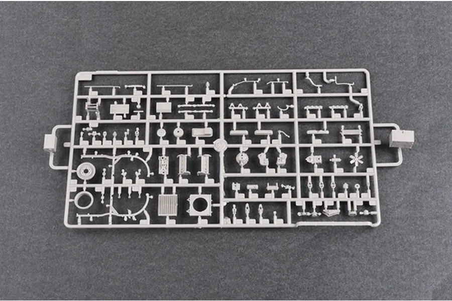 A grey plastic sprue containing various small model parts for a 1/35 scale Russian GAZ-66 truck model kit.
