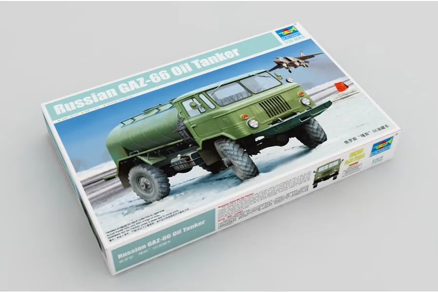 A Trumpeter 1/35 scale model kit box for a Russian GAZ-66 Oil Tanker truck, featuring box art of the vehicle in a snowy landscape.