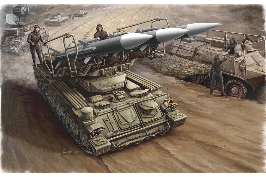 Box art illustration of a Russian SAM-6 anti-aircraft missile system on a tracked vehicle with crew members in a field setting.