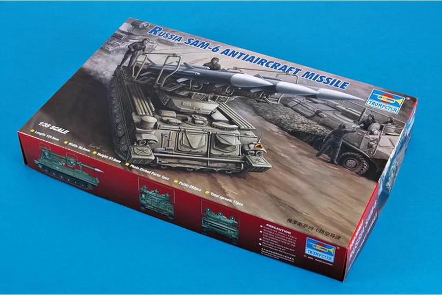 Trumpeter 1/35 scale Russian SAM-6 Anti-Aircraft Missile plastic model kit box on a blue background.