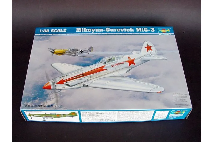 The box art for a 1/32 scale Trumpeter Mikoyan-Gurevich MiG-3 plastic model kit, featuring an illustration of the aircraft in flight.