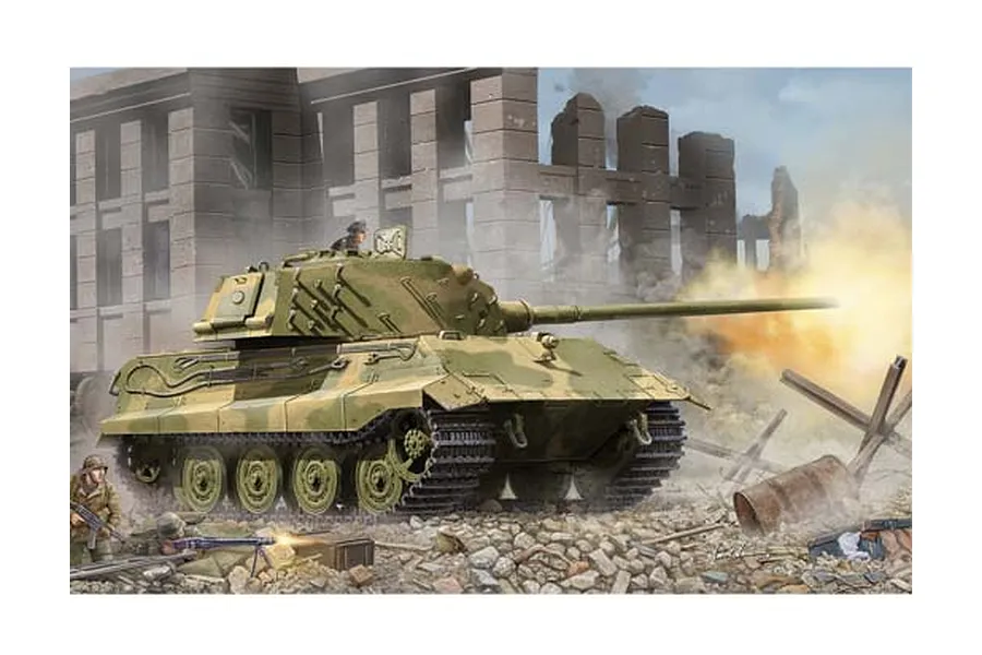Box art illustration of a German E-75 tank in a ruined city setting with soldiers in the foreground.