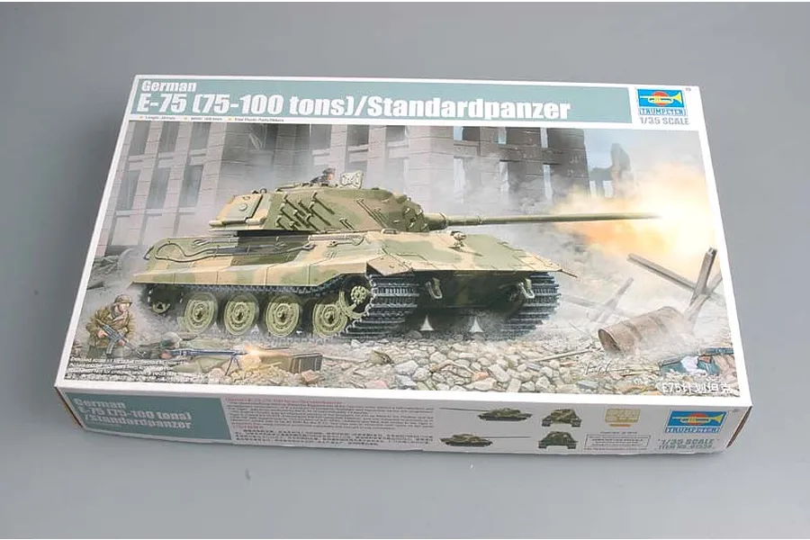 A box for a Trumpeter 1/35 scale German E-75 Standardpanzer plastic model kit featuring box art of the tank in a battlefield scene.