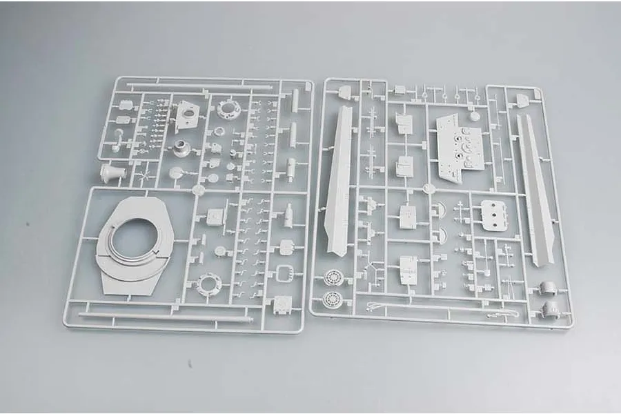 Two grey plastic model kit sprues containing various tank parts for a 1/35 scale German E-75 model kit.