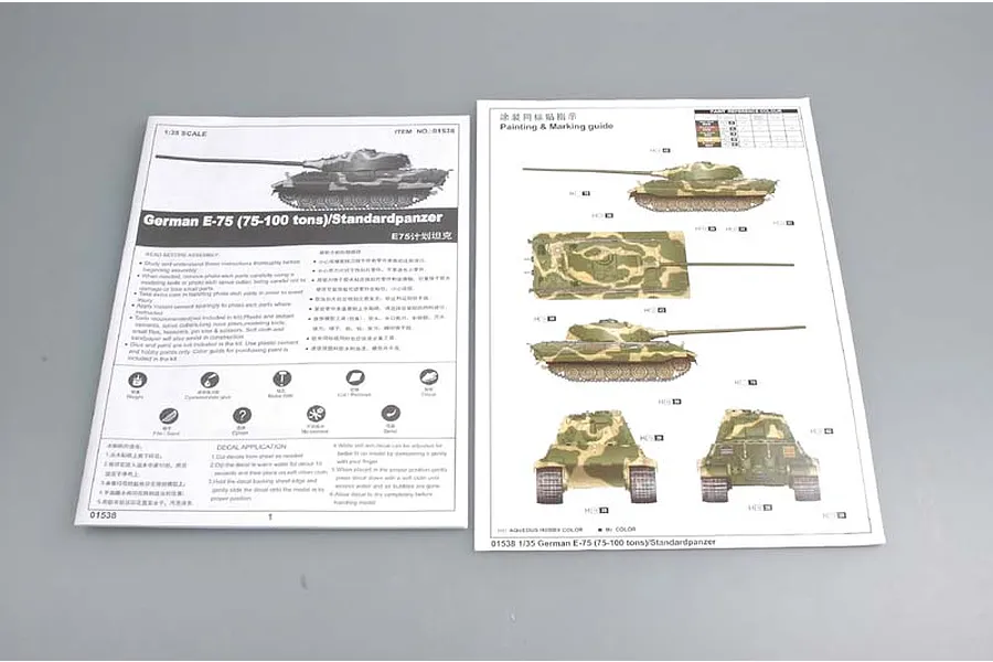 Instruction manual and painting guide for the Trumpeter 1/35 scale German E-75 Standardpanzer model kit, laid flat on a grey surface.