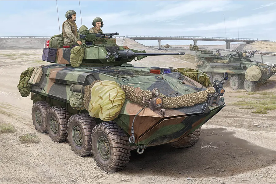 Box art illustration of a Trumpeter 1/35 scale LAV-25 SLEP armoured vehicle with two crew members, set in a desert landscape with a bridge in the background.