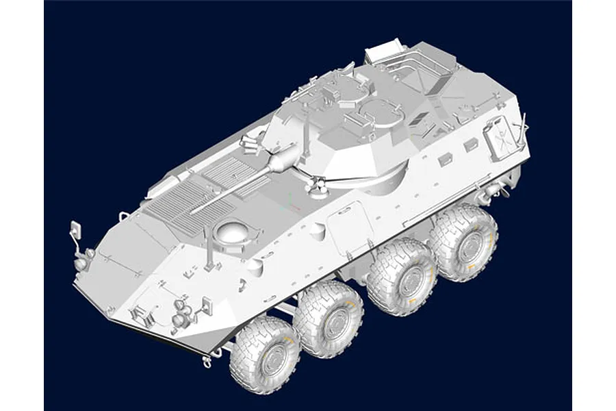 A 3D digital render of an LAV-25 armoured vehicle model, shown from a high-angle perspective against a dark blue background.