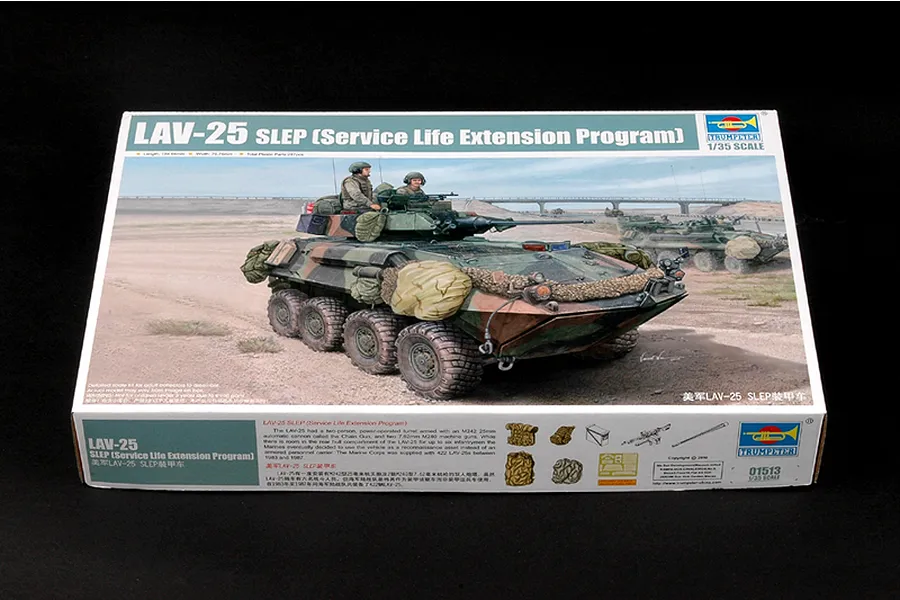 Trumpeter 1/35 scale LAV-25 SLEP model kit box showing artwork of an armoured vehicle in a desert landscape.