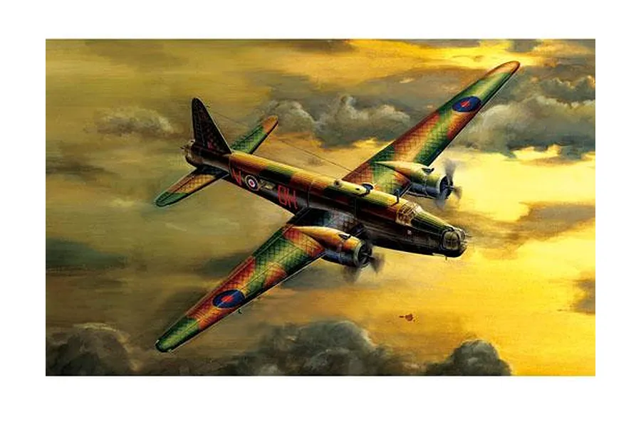 An artistic illustration of a British Wellington Mk. III bomber flying through a cloudy, sunset-lit sky.