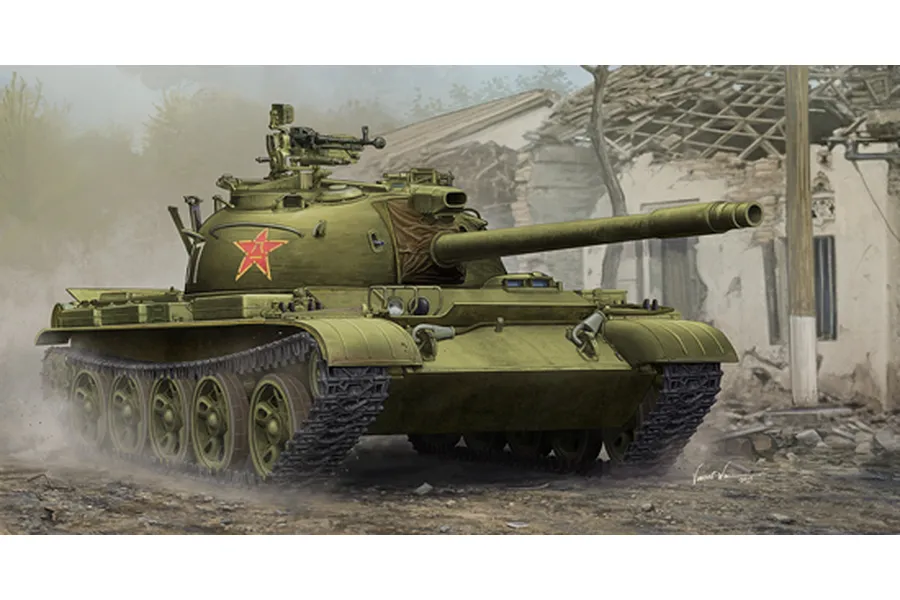 An artistic illustration of a green PLA Type 62 light tank driving through a war-torn village setting.