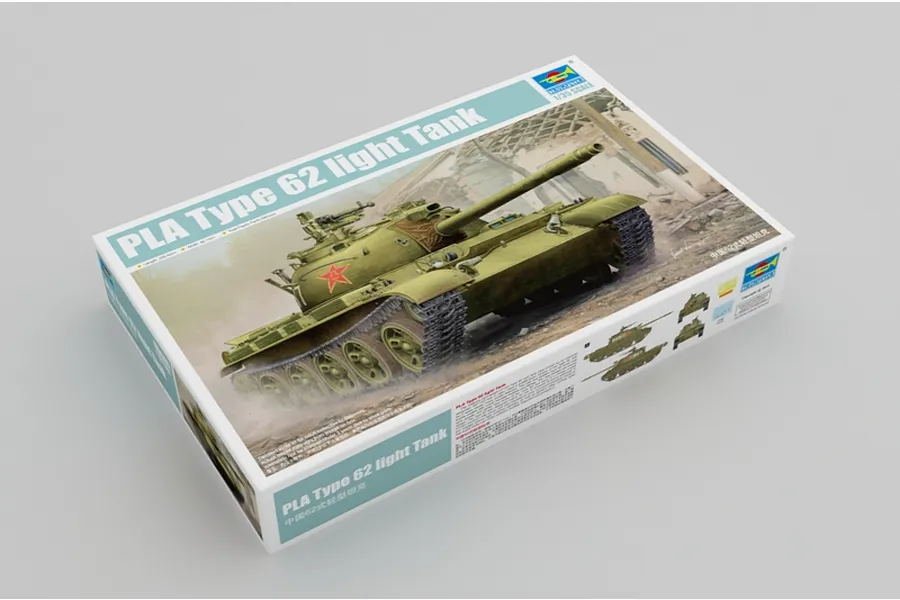 Trumpeter 1/35 scale PLA Type 62 light tank plastic model kit box, featuring artwork of the tank in a battlefield setting.