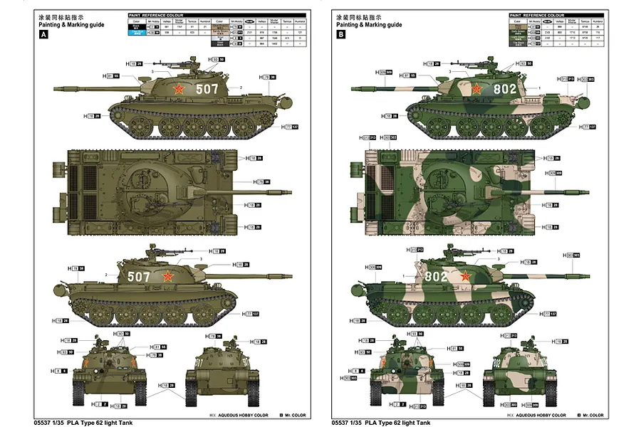 Painting and marking guide for a 1/35 scale PLA Type 62 light tank model kit, showing two camouflage schemes with side, top, front, and rear views.