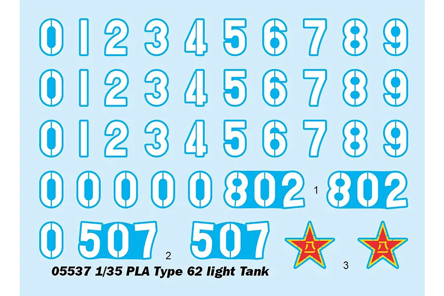 A decal sheet for a 1/35 scale Trumpeter PLA Type 62 light tank model kit, featuring various numbers and red star insignias.