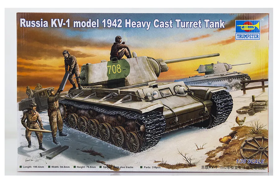 Box art for a Trumpeter 1/35 scale Russian KV-1 1942 Heavy Cast Turret Tank plastic model kit, featuring an illustration of the tank and crew in a snowy field.