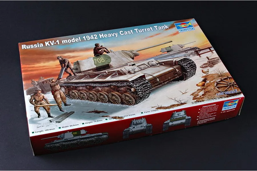 Trumpeter 1/35 scale Russian KV-1 model 1942 heavy cast turret tank plastic model kit box art showing a tank in a snowy landscape.