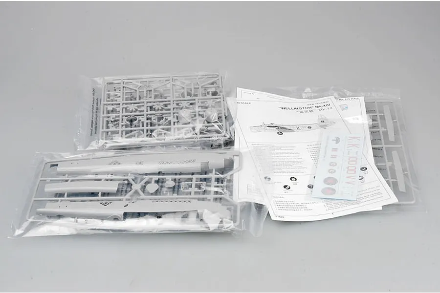 Trumpeter 1/72 scale British Wellington GR Mk XIV model kit contents including grey plastic sprues, instruction manual, and decal sheet in clear bags.