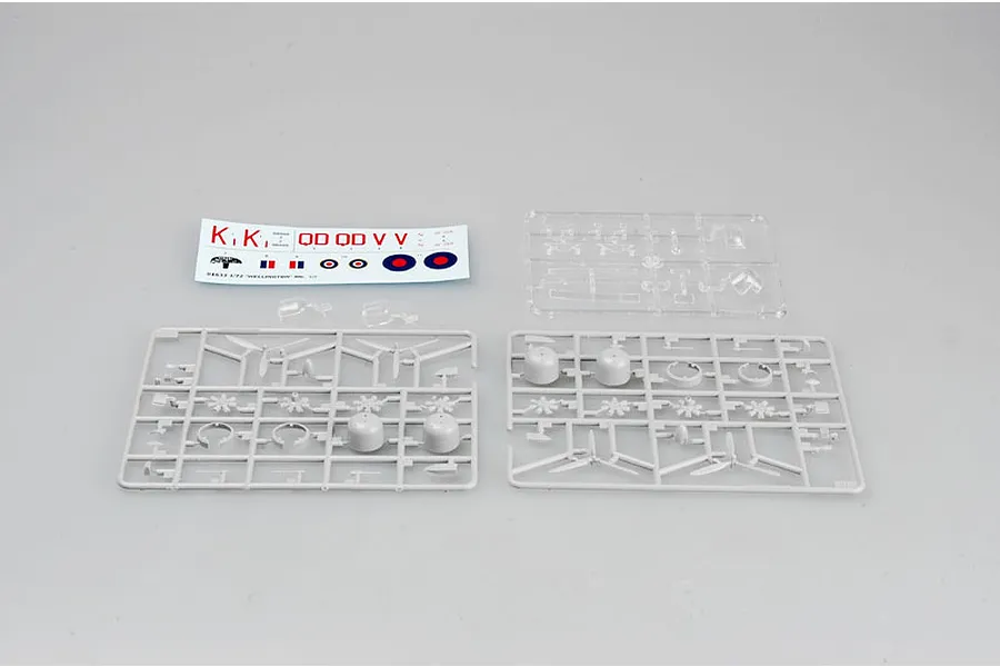 Trumpeter 1/72 scale plastic model kit parts including grey sprues, a clear sprue, and a decal sheet for a British Wellington bomber.
