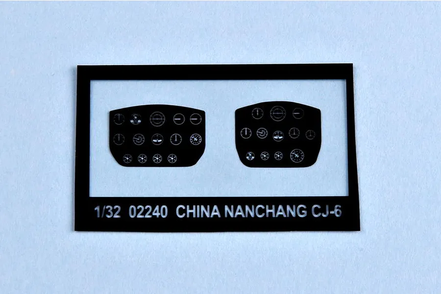 A black film sheet containing printed instrument panel gauges for a 1/32 scale Nanchang CJ-6 model kit.