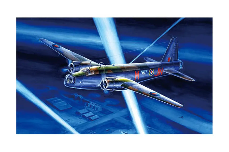 Box art illustration of a Vickers Wellington Mk.X bomber flying through searchlight beams at night.