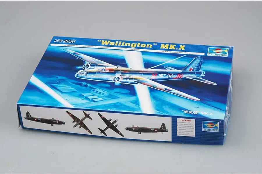 Trumpeter 1/72 scale Vickers Wellington Mk.X bomber plastic model kit box showing artwork of the aircraft in flight.