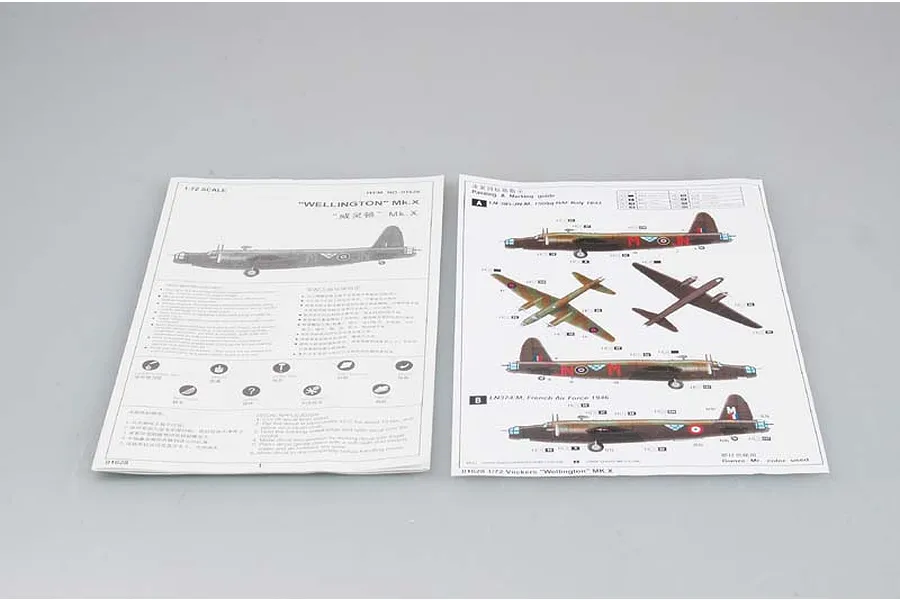 Two instruction sheets for a 1/72 scale Trumpeter Vickers Wellington Mk.X model kit, showing assembly diagrams and painting guides.
