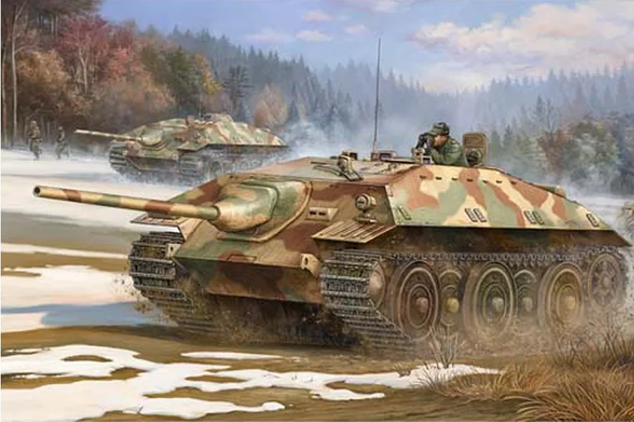 Box art illustration of two German E25 tank destroyers moving through a snowy, wooded landscape.