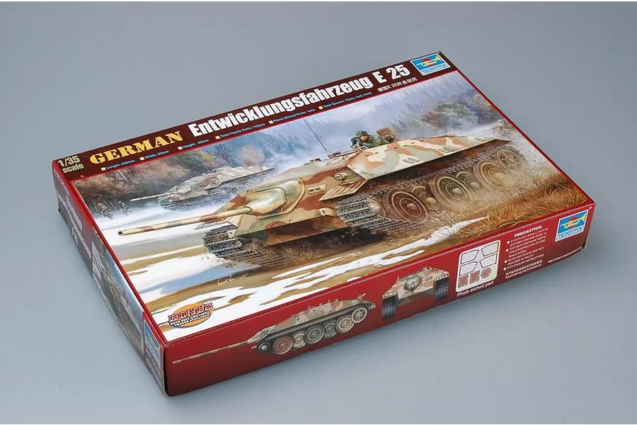 Trumpeter 1/35 scale German E25 tank model kit box featuring box art of the tank in a winter landscape.
