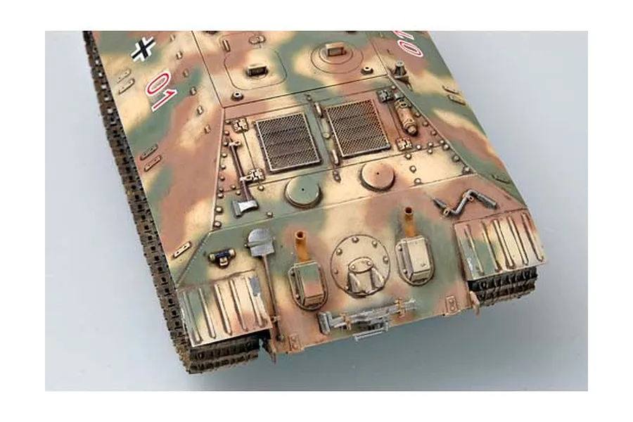 Top-down view of a painted 1/35 scale model of a German E25 tank destroyer with camouflage paint and detailed engine deck features.
