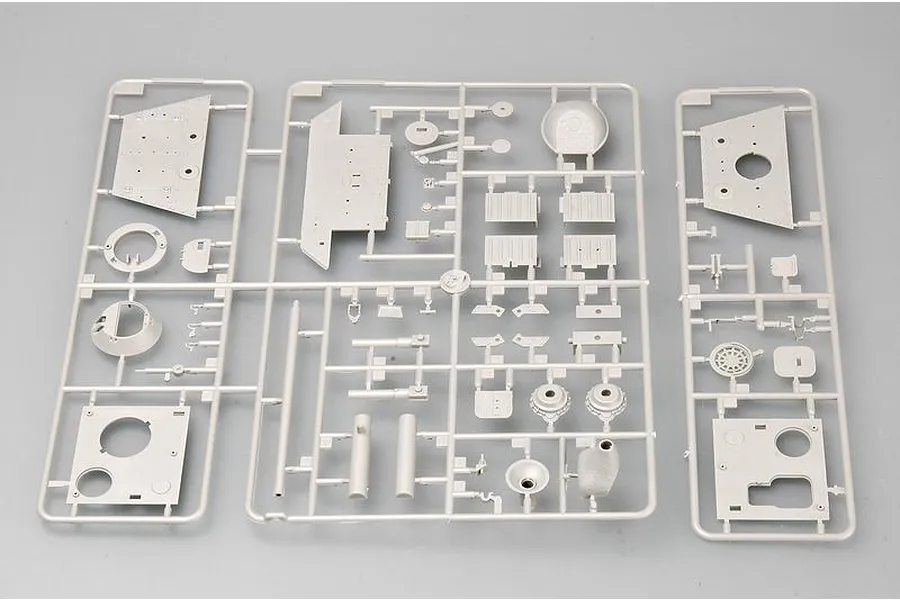 Two grey plastic model kit sprues containing various tank parts for a 1/35 scale German E25 model kit.