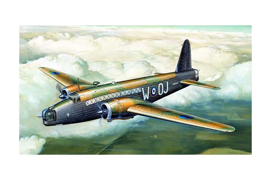 An illustration of a British Wellington Mk.IC bomber flying above clouds, featuring camouflage paint and RAF markings.